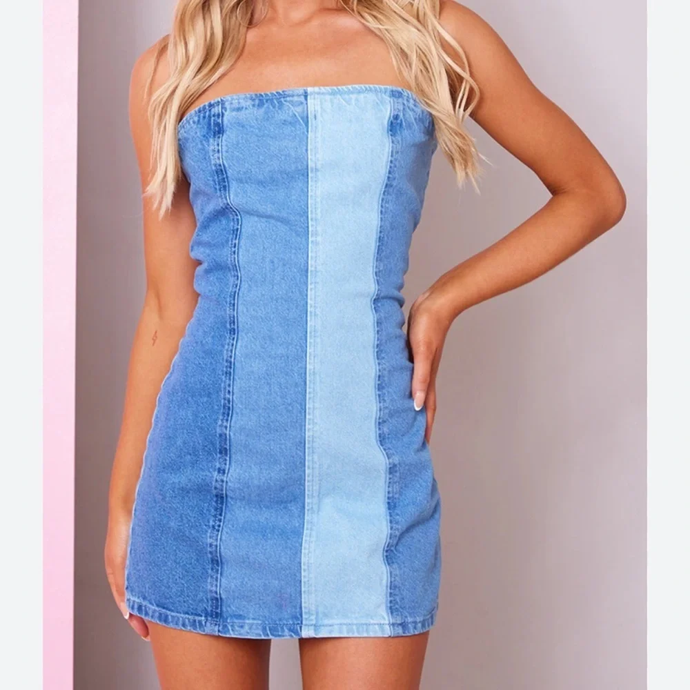 PrettyLittleThing Denim Cotton Patchwork Strapless Mini Dress Blue Stripe